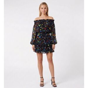 Caroline Constas Lou Watercolor Silk Off The Shoulder Ruffle Mini Dress Medium